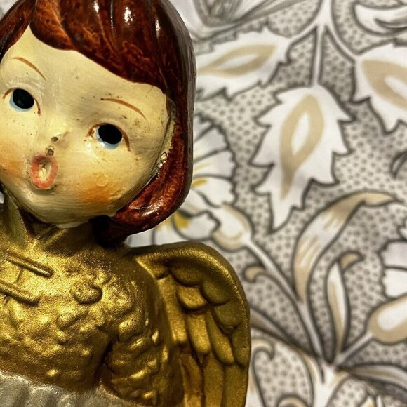 2 Vintage Christmas Angels  9"  Figurines Taiwan Gold Gowns Musical Instruments - Picture 7 of 14